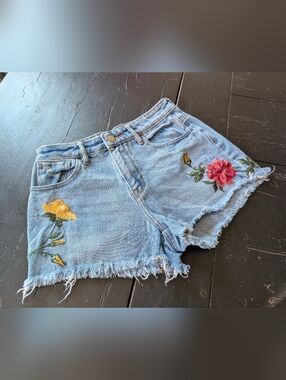 PacSun High Rise Denim Embroidered Cut Off Shorts Y2K Festival Fashion Size 25